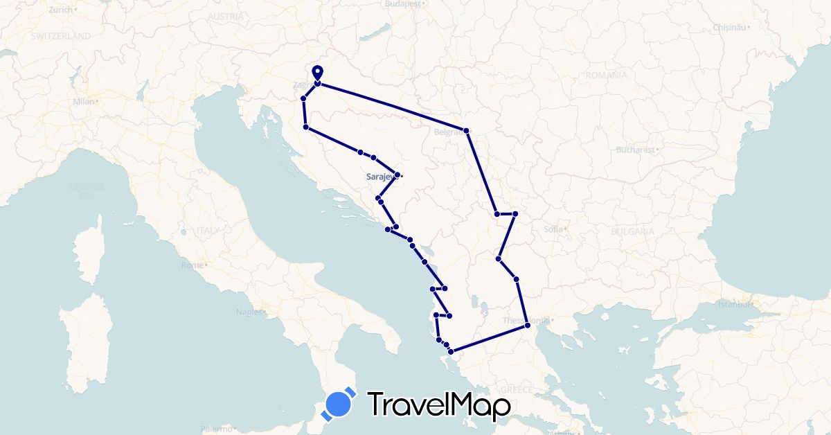 TravelMap itinerary: driving in Albania, Bosnia and Herzegovina, Greece, Croatia, Montenegro, Macedonia, Serbia (Europe)